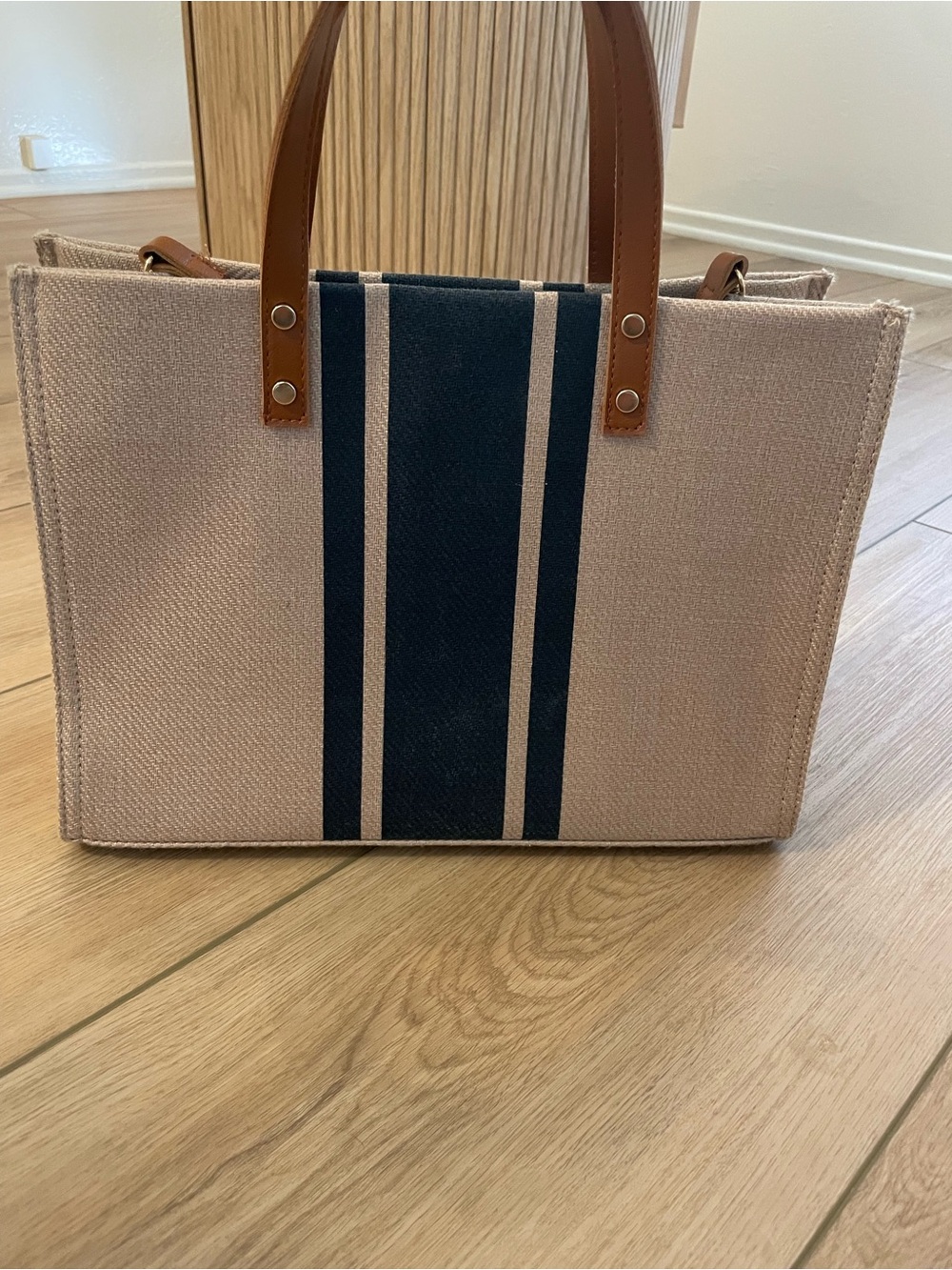 Canvas Tote with Navy Center Stripe and Brown Handles